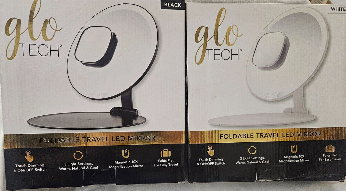 Foldable 8-Inch Travel LED Mirror with 3 Light Settings, Touch Dimmer & 10x Magnification