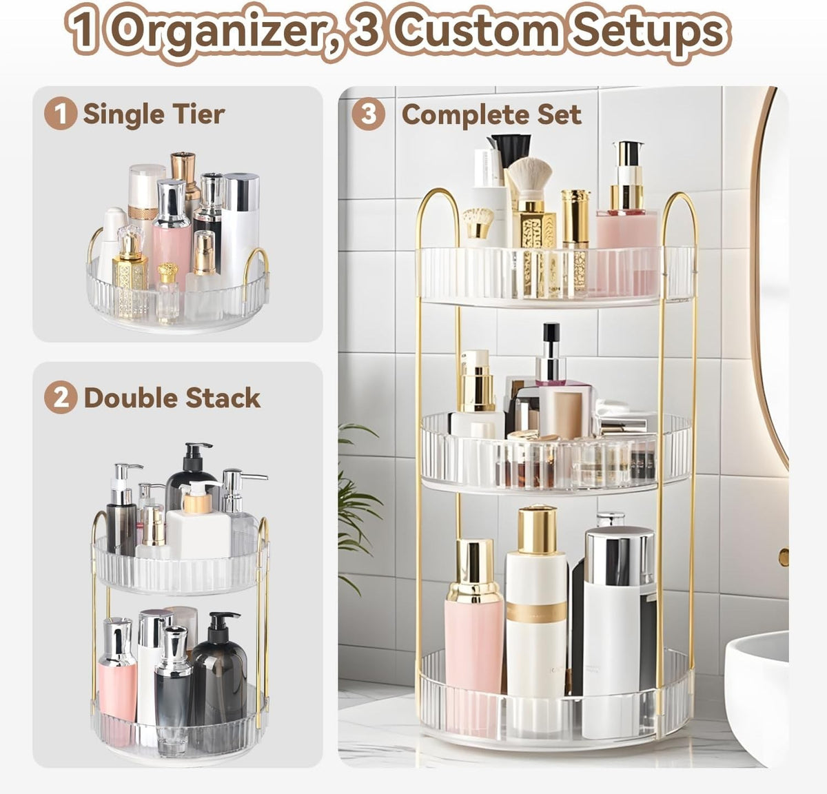360° Rotating Makeup Organizer 3-Tier Vanity Storage Clear