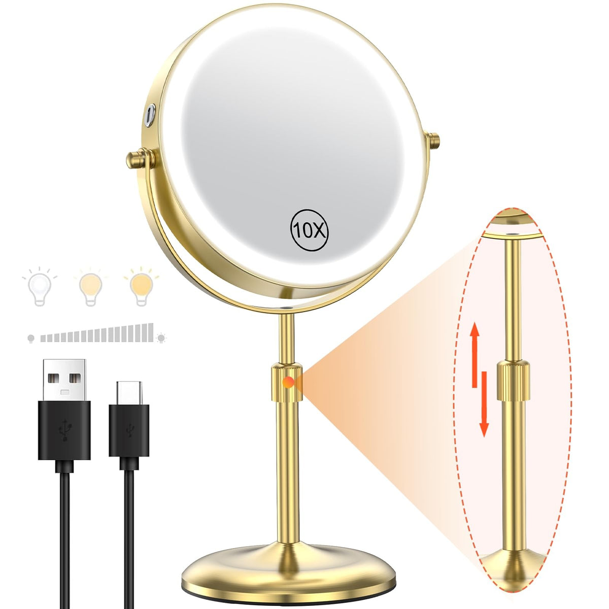 Lighted Makeup Mirror with 3 Color Lights & 10X Magnification - Adjustable Height