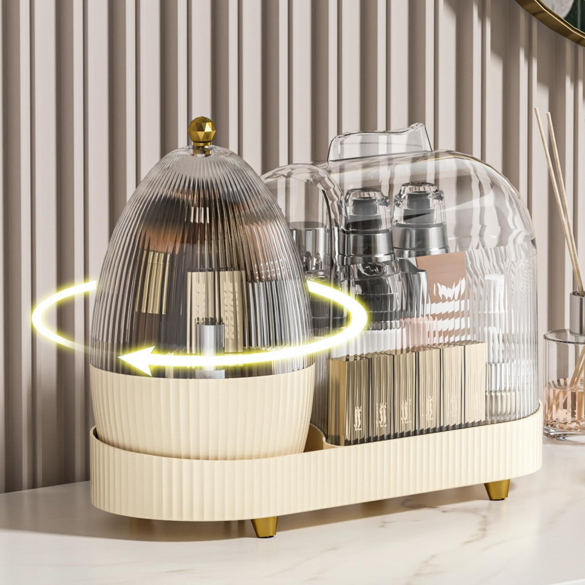 Rotating Makeup Organizer with Brush Holder - Vanity Storage with Dust Cover