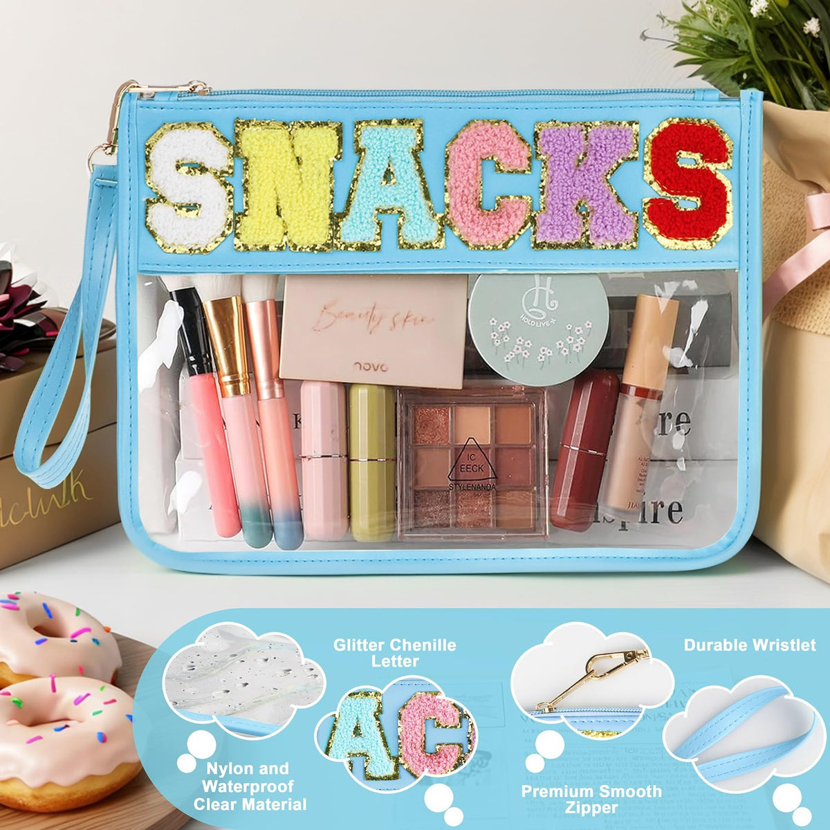Clear Travel Makeup & Snack Pouch with Chenille Letter Zipper Waterproof