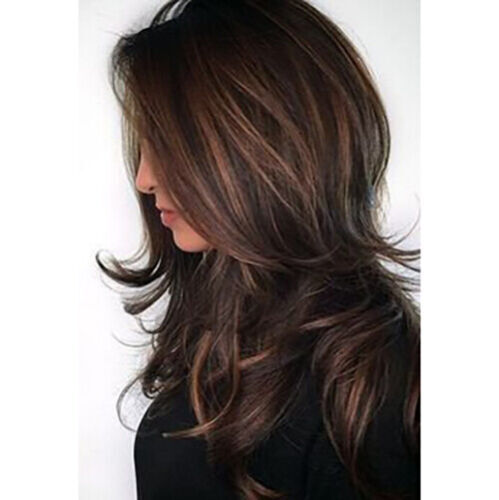 Women Dark Brown Ombre Curly Wig with Gold Highlights Shoulder Length Synthetic Hair