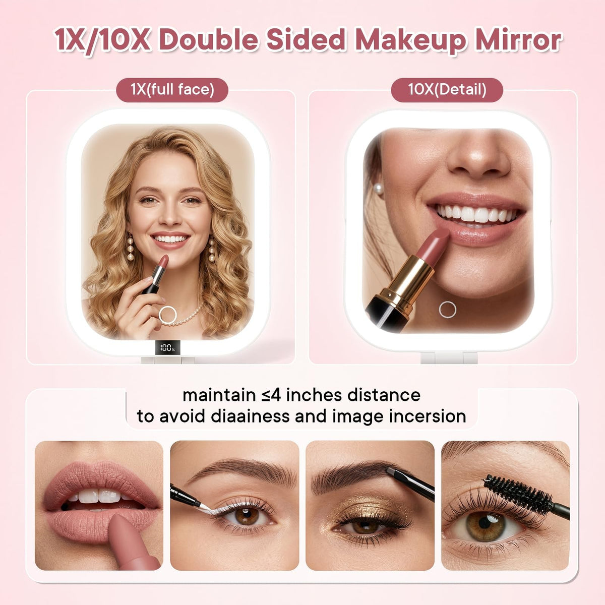 Travel Makeup Mirror with Lights, 10X & 1X Magnification, Dimmable LED, Foldable & Portable