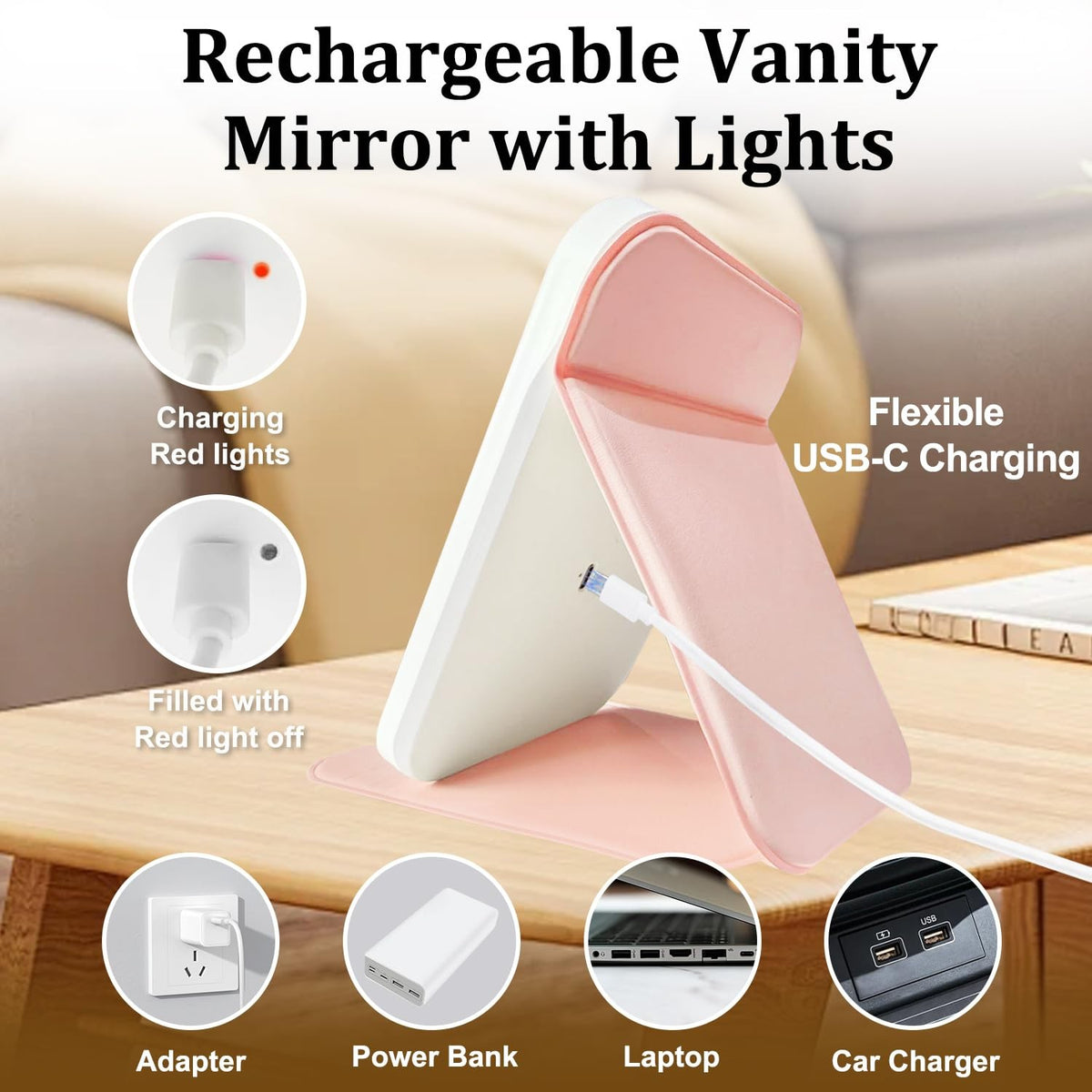 Rechargeable LED Travel Mirror with 3 Light Colors & Dimmable Brightness - Pink