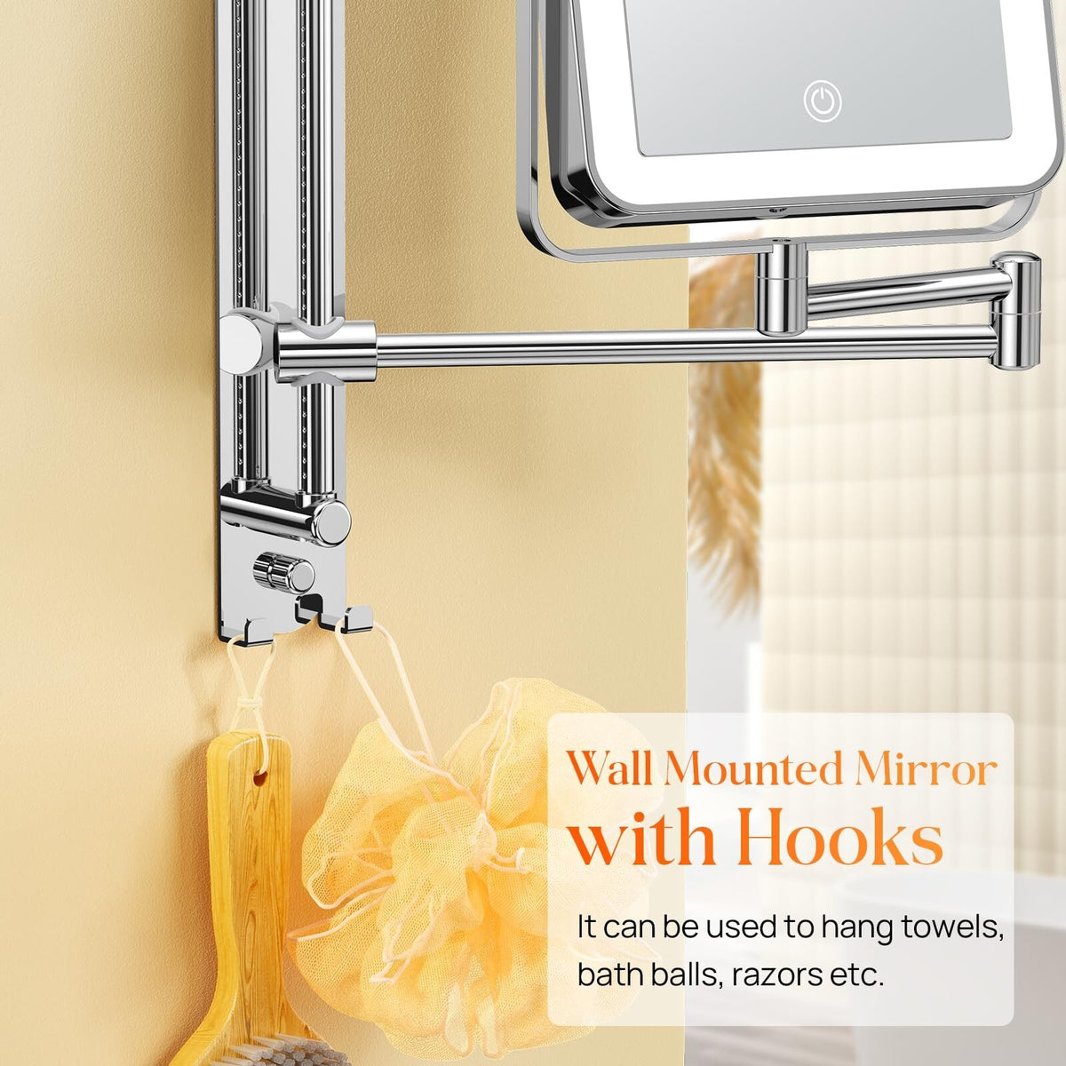 Height Adjustable Wall-Mounted Lighted Makeup Mirror with 10X Magnification and Hooks