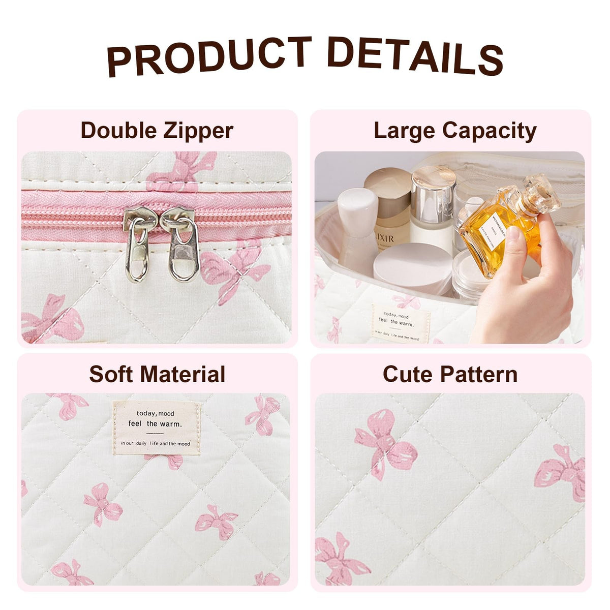 Pink Quilted Makeup Bag with Bow - Large Cosmetic Organizer 9.8x6.3x6.3 Inches