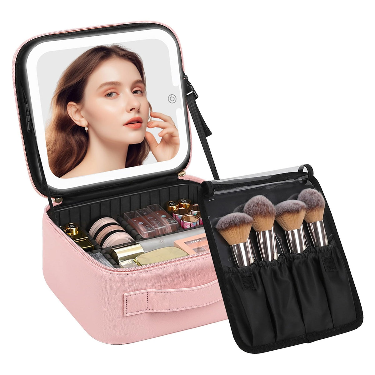 LED Mirror Makeup Bag with Adjustable Dividers, Waterproof Travel Cosmetic Organizer for Women & Girls