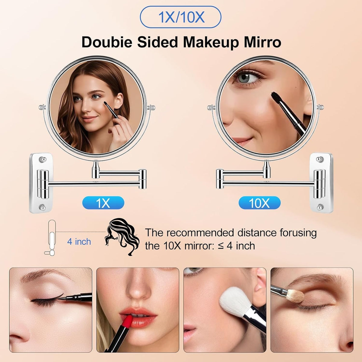 Wall Mount 10X Magnifying Makeup Mirror with 360° Rotation and Telescoping Arm