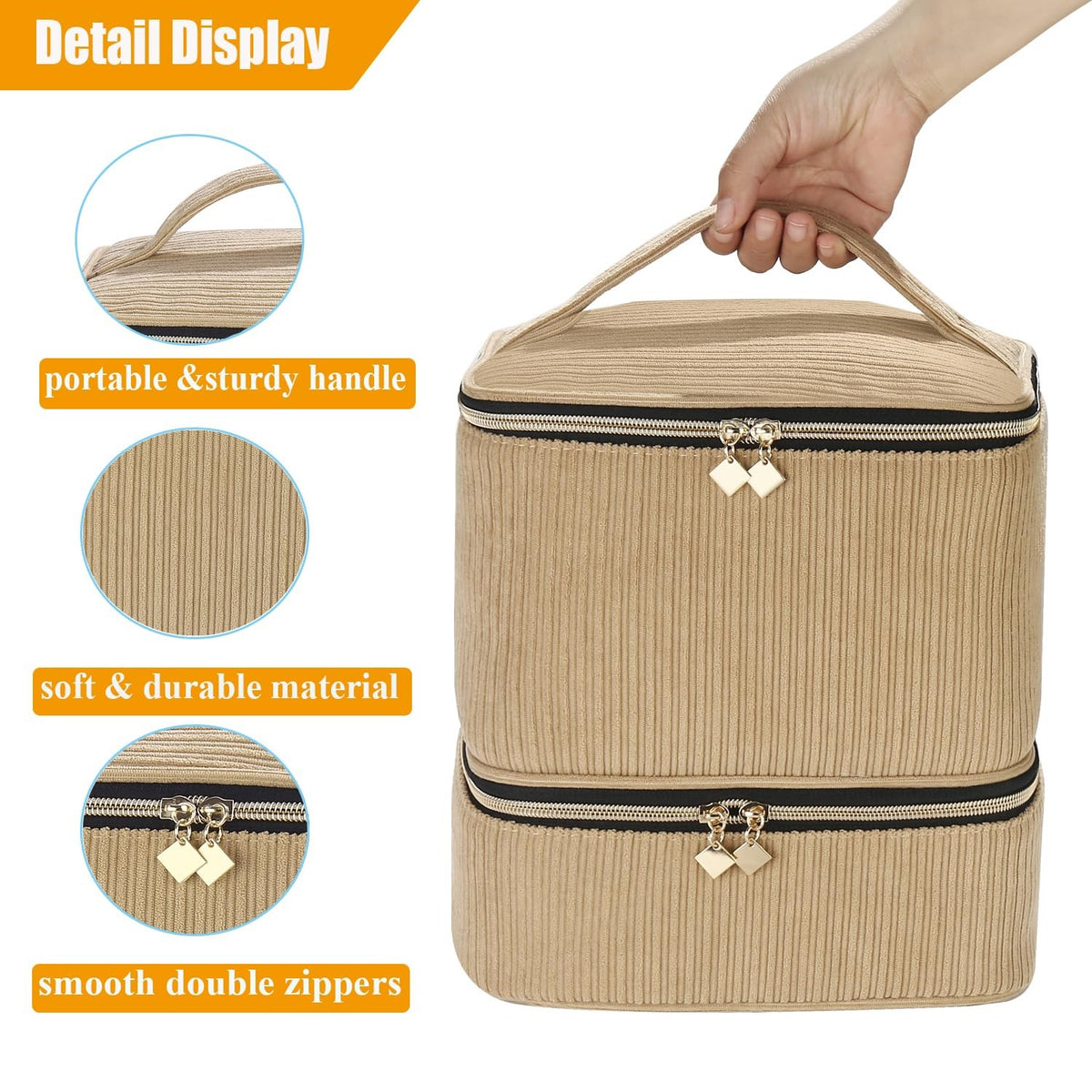 Corduroy Nail Polish & Manicure Tool Organizer Case for 30 Bottles - Brown