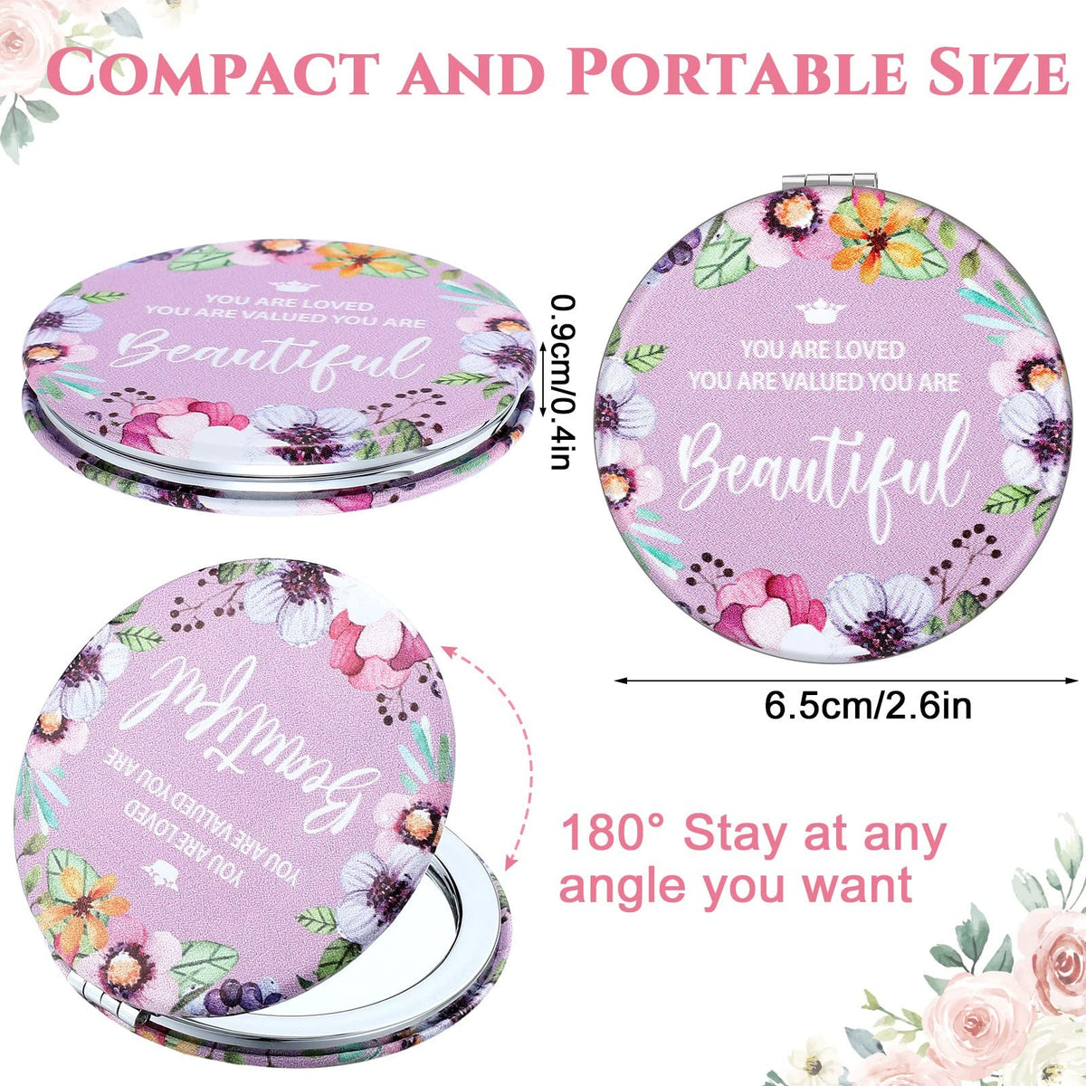 10 Pack Floral Double Sided Compact Makeup Mirrors with Inspirational Quotes