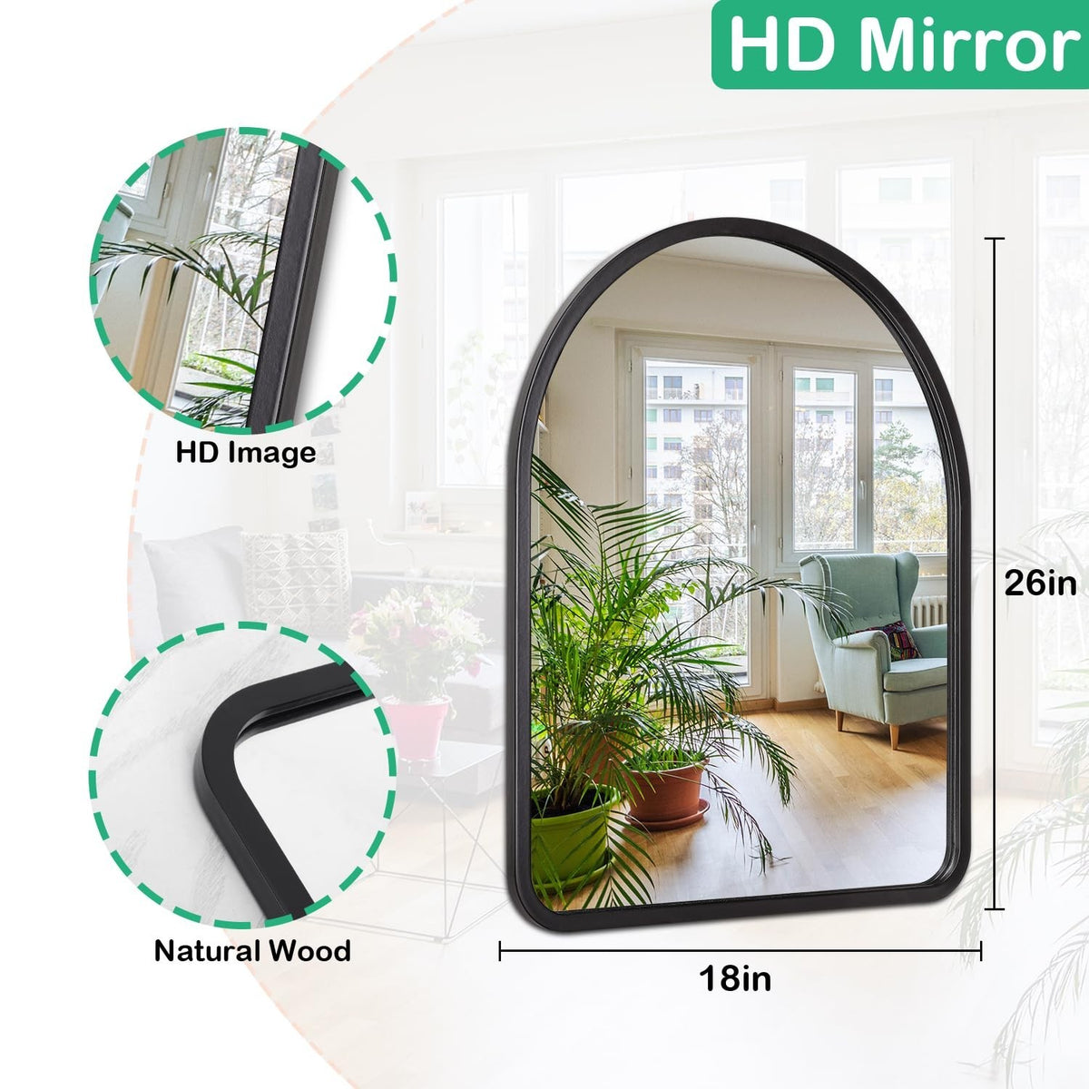 Large Arched Wall Mirror - Vintage Wooden Frame, Rustic Farmhouse Style, 26 x 18 Inches