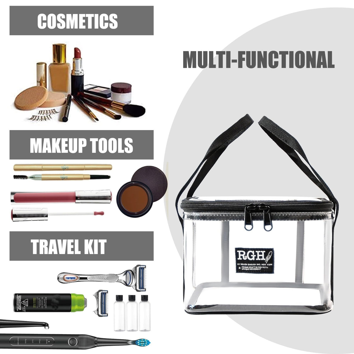 Waterproof Clear Makeup Bag for Travel & Cosmetics Organizer - Black