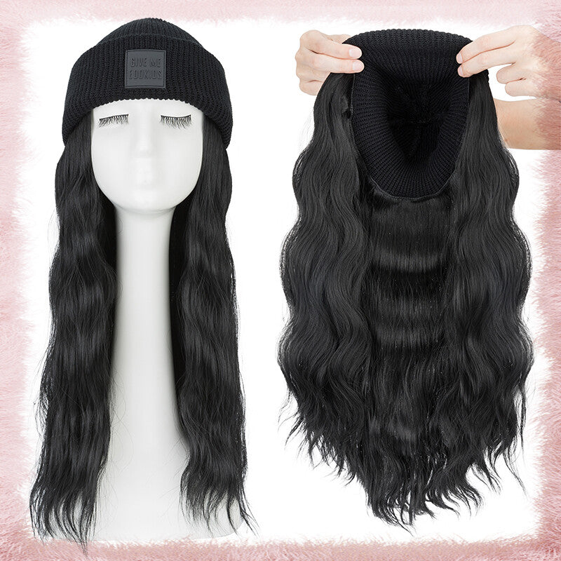 Women Knitted Wavy Wig Winter Beanie Hat - Long Curly Synthetic Hair