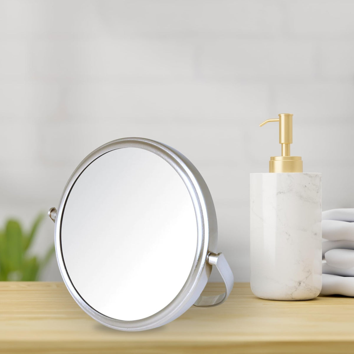 Two-Sided Tabletop Makeup Mirror with 5X Magnification - Swivel Design, Nickel Finish