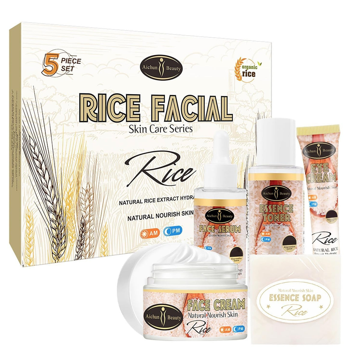 Organic Rice Facial Skincare Set with Cleansers, Toner, Cream & Eye Cream - 5PCS