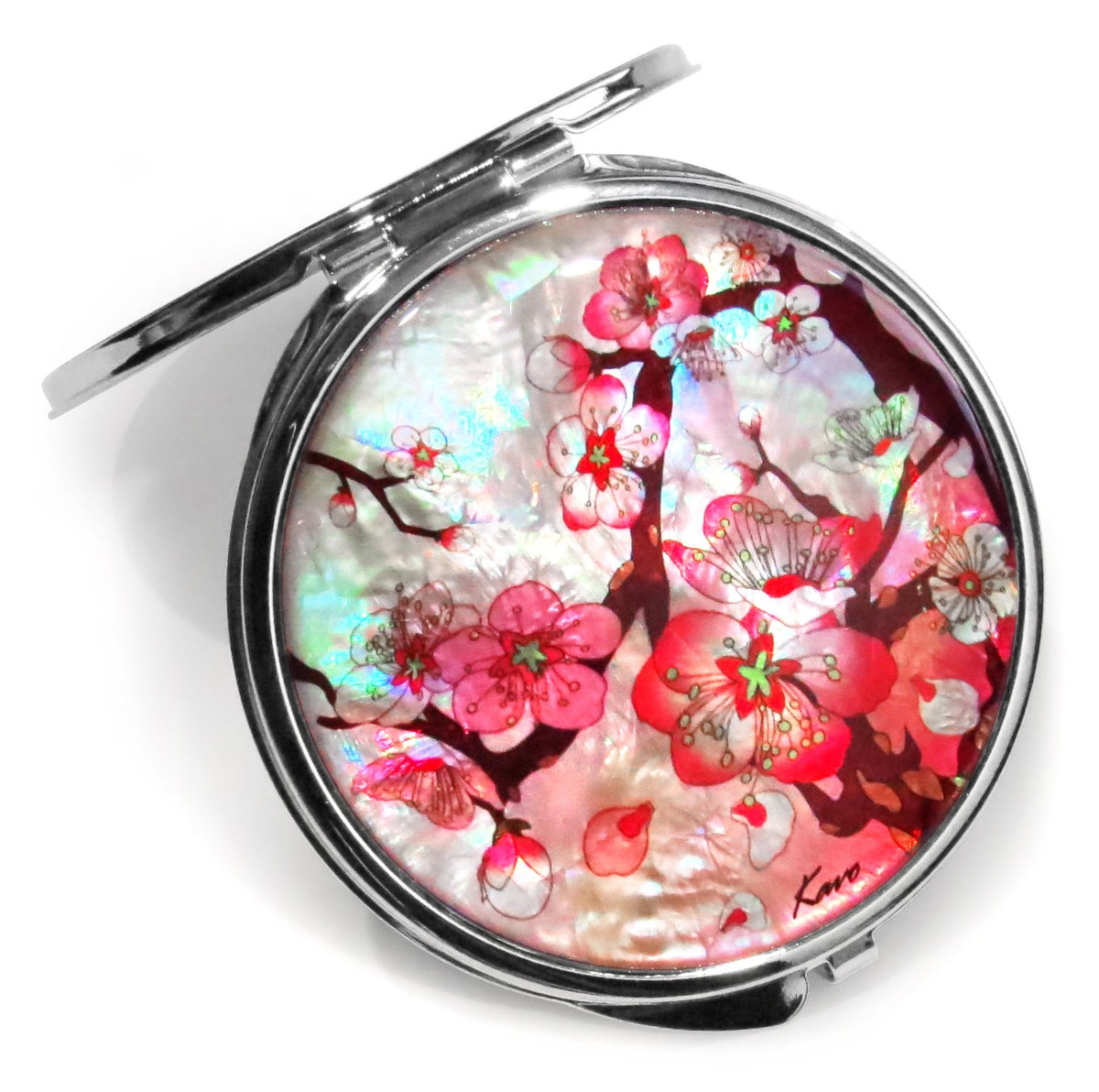 Pink Compact Folding Makeup Mirror with Magnification and Apricot Tree Flower Design