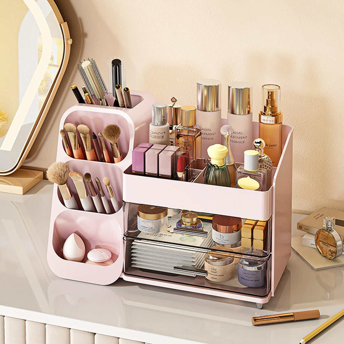 Pink Cosmetic Organizer with Drawers & Brush Holders for Makeup Vanity
