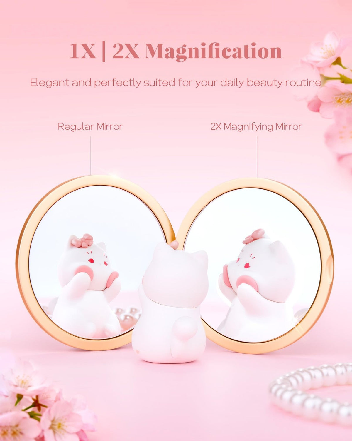 Pearl Bloom Compact Mirror with 2X Magnification - Pink Pocket Makeup Mirror