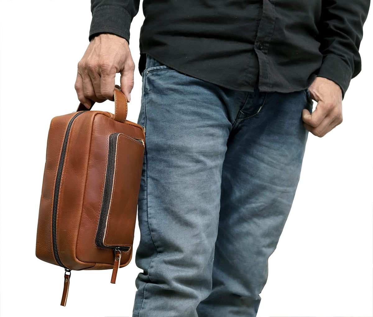 Men's Leather Travel Dopp Kit with Waterproof Interior and Multiple Compartments