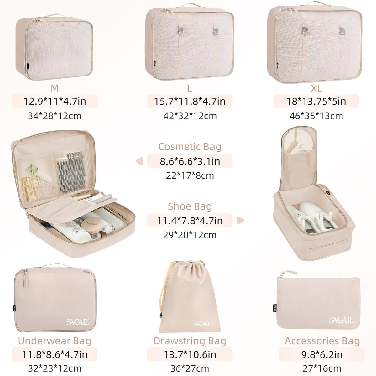 8-Piece Packing Cubes Luggage Organizers for Travel - Cream