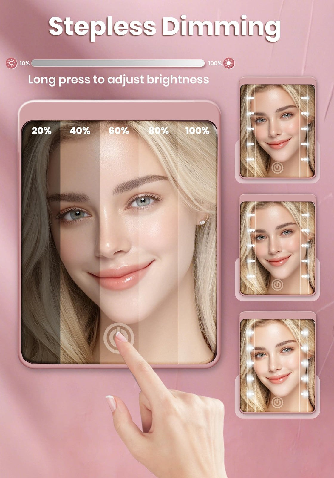 30X Magnifying Compact Mirror with 3 Light Modes Rechargeable Travel Makeup Mirror Rose