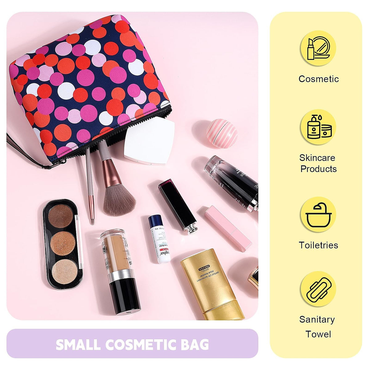 Large Neoprene Makeup Bag with Handle - Travel Cosmetic Organizer, Washable, Colorful Hearts