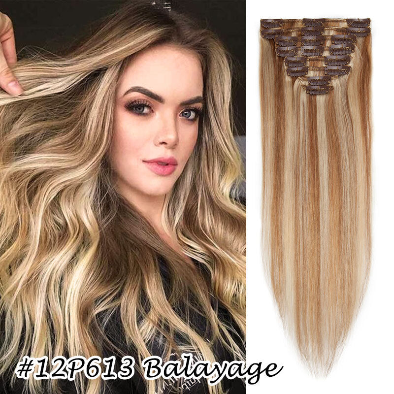 Clip-In Human Hair Extensions Full Head - Virgin Remy, Multiple Colors & Lengths