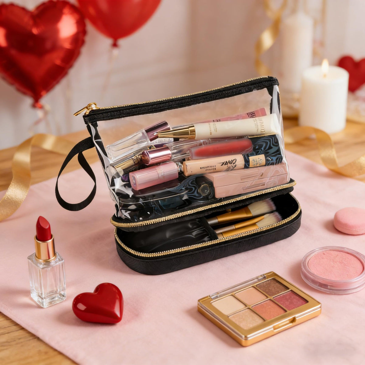 Small Clear Travel Makeup Bag with Double Layers and Faux Leather Handle