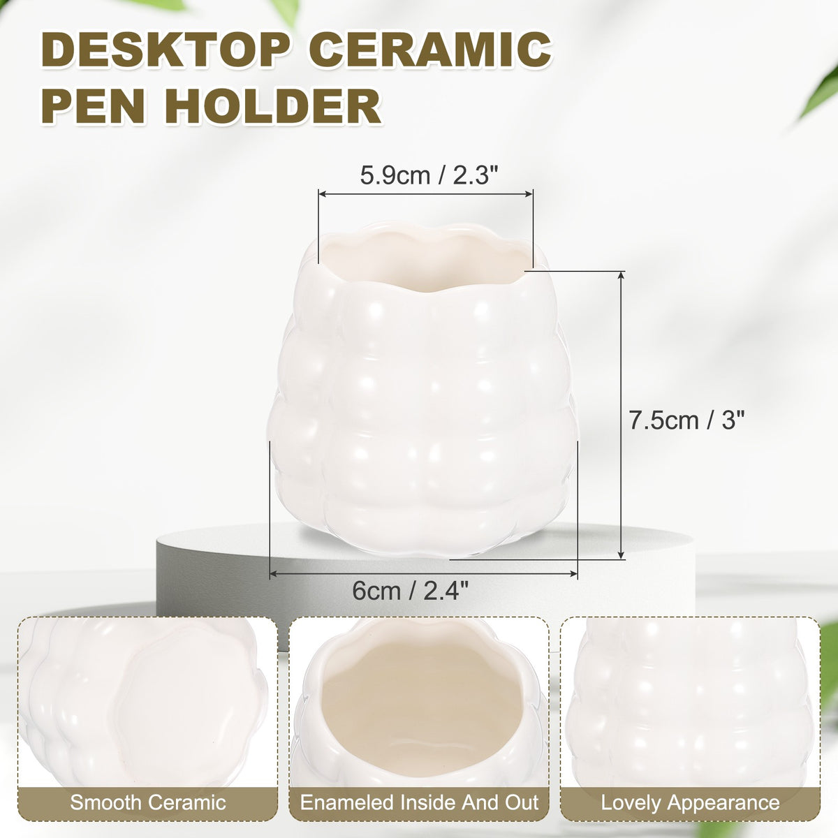 Ceramic Makeup Brush Holder - Round Desktop Pen and Cosmetic Organizer, White