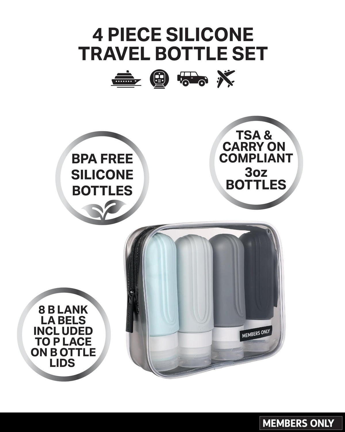 Travel Bottles 4-Piece Silicone Leakproof Set – Wide‑Mouth, Reusable Travel Containers