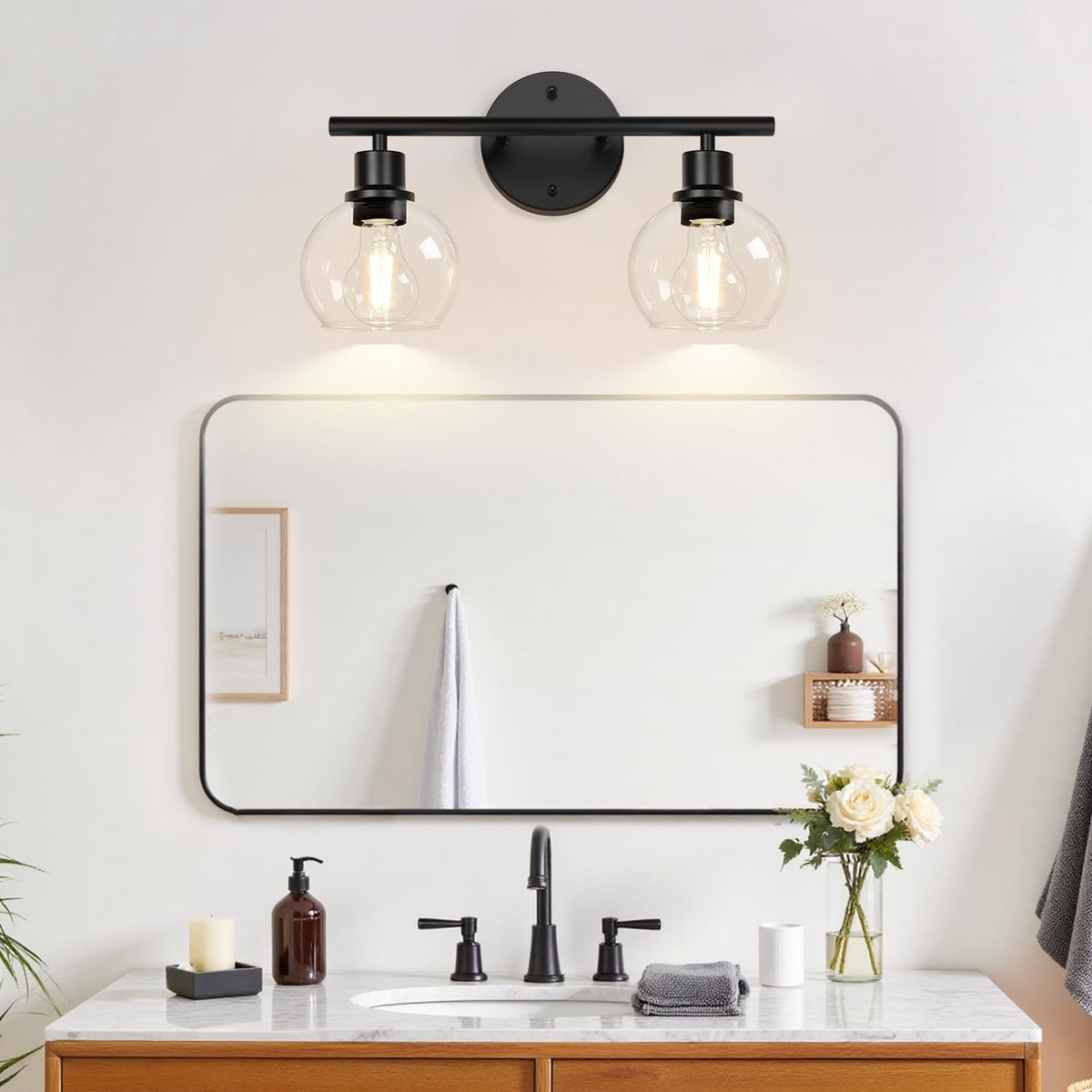 Indoi 2-Light Matte Black Bathroom Vanity Light with Clear Glass Shades