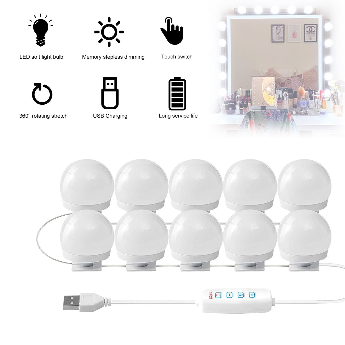 Dimmable LED Vanity Lights for Mirror - Hollywood Style 10 Bulbs