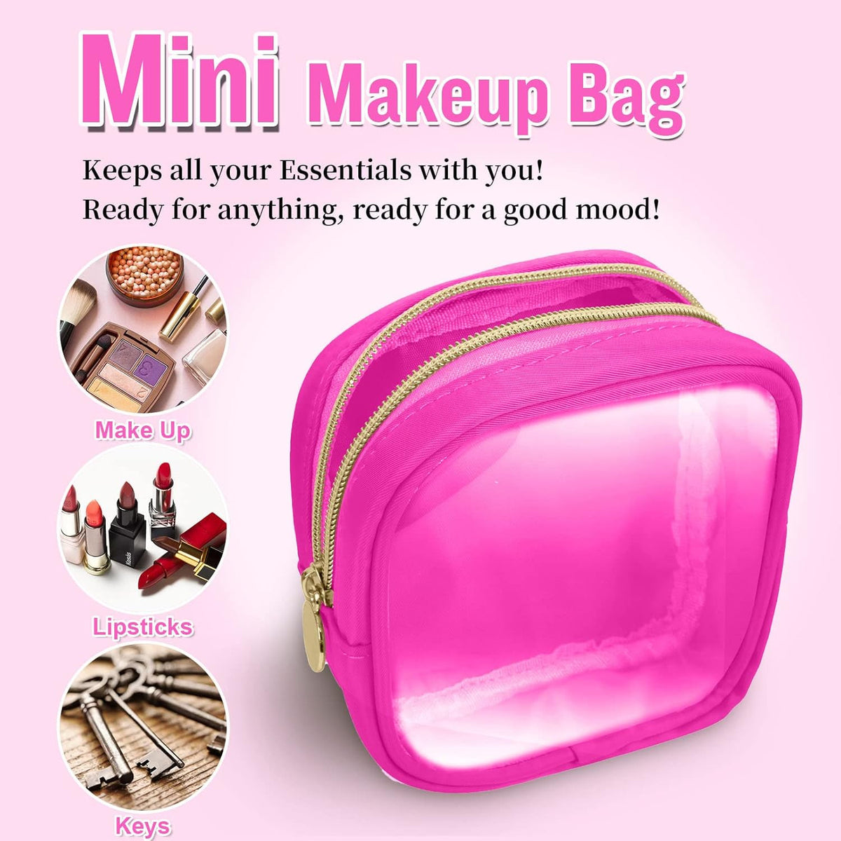 Clear Mini Travel Makeup Organizer Bag - Compact Pouch for Purse, Small Cute Preppy Cosmetic Bag