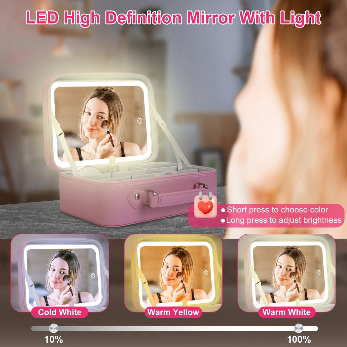 Pink Travel Makeup Bag with LED Lighted Mirror - 3 Brightness Settings
