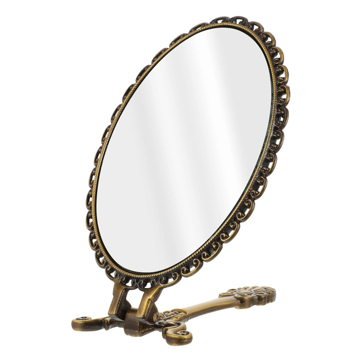 Vintage Foldable Handheld Mirror - Metal Makeup & Travel Mirror, Oval, Coffee