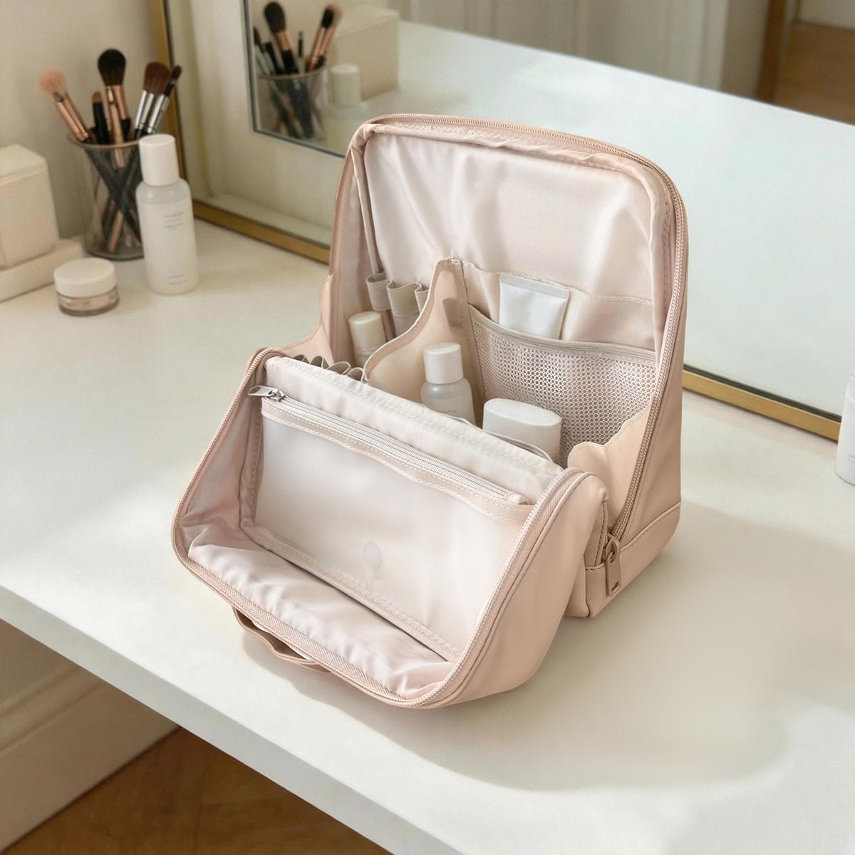 Large Stand-Up PU Cosmetic Bag with Multi-Layered Interior & Handle