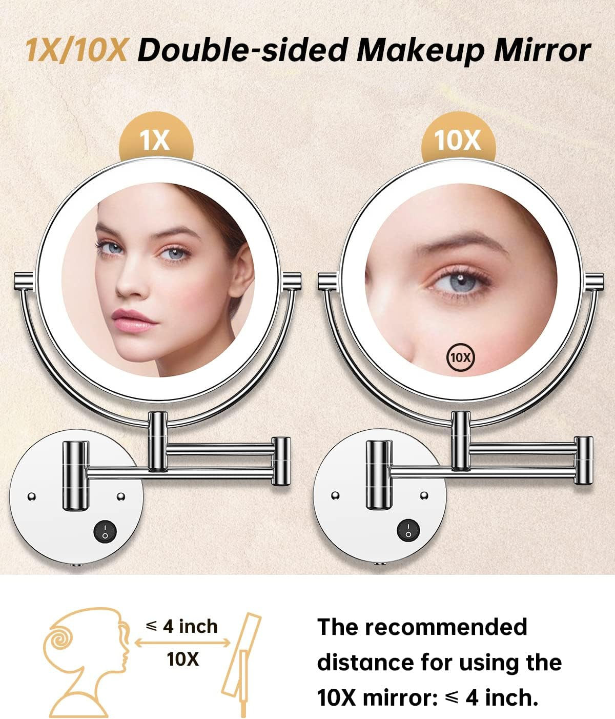 8.5-Inch Wall Mounted Lighted Magnifying Mirror 1X/10X Double-Sided
