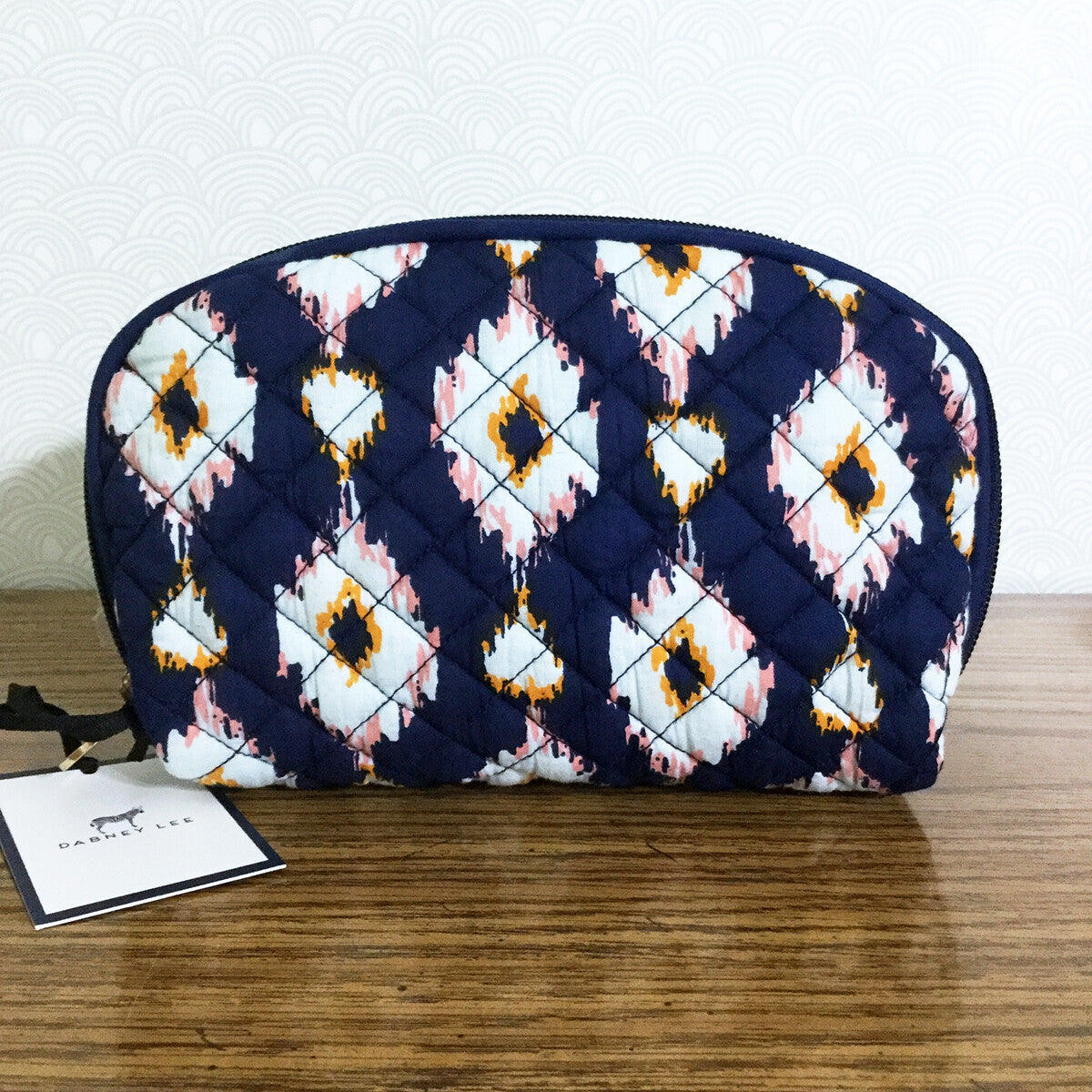 Travel Cosmetic Bag with Double Zipper Navy Blue Ikat Pattern 7-Inch Organizer