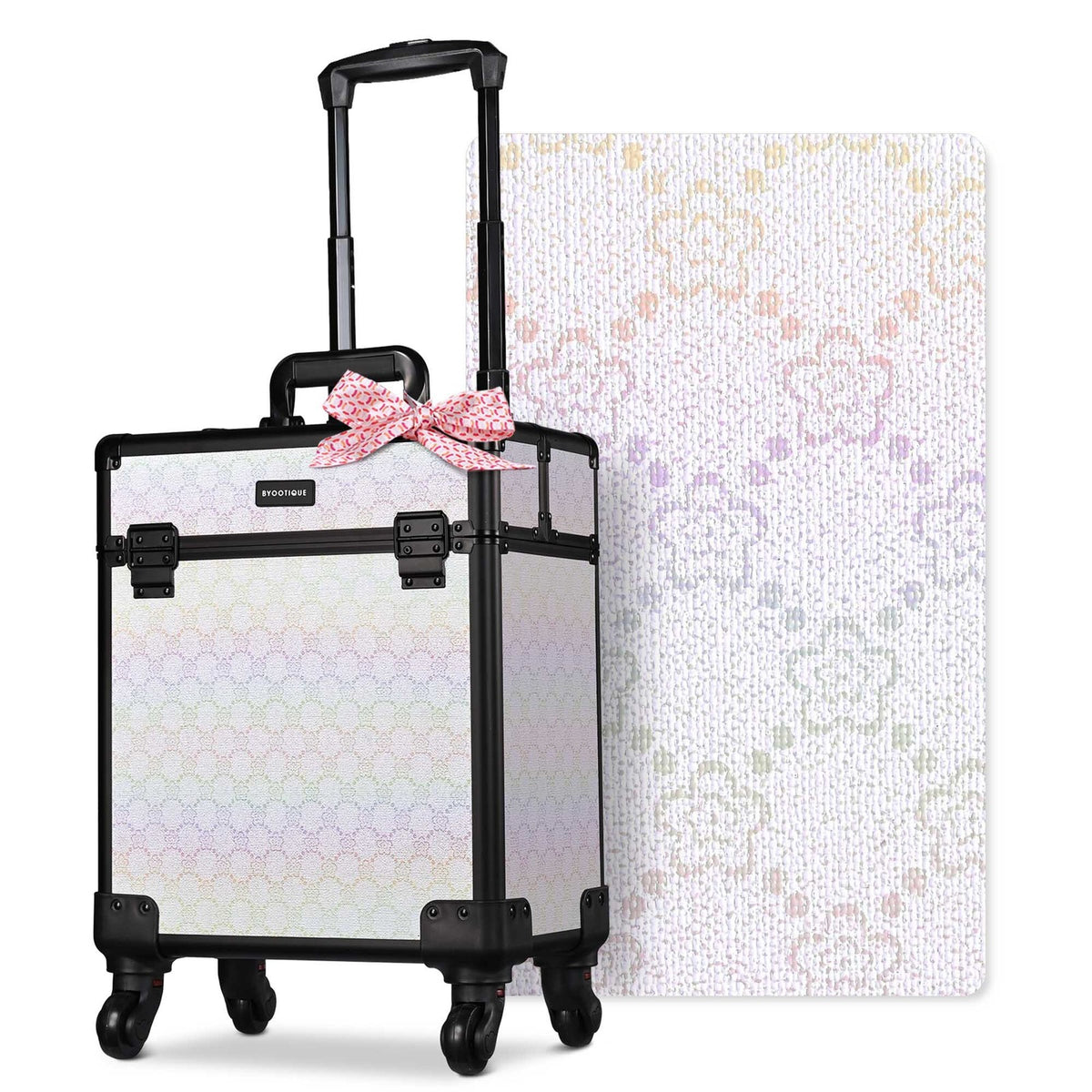 Rolling Makeup Train Case with Extendable Trays and Large Storage - White Floral Design