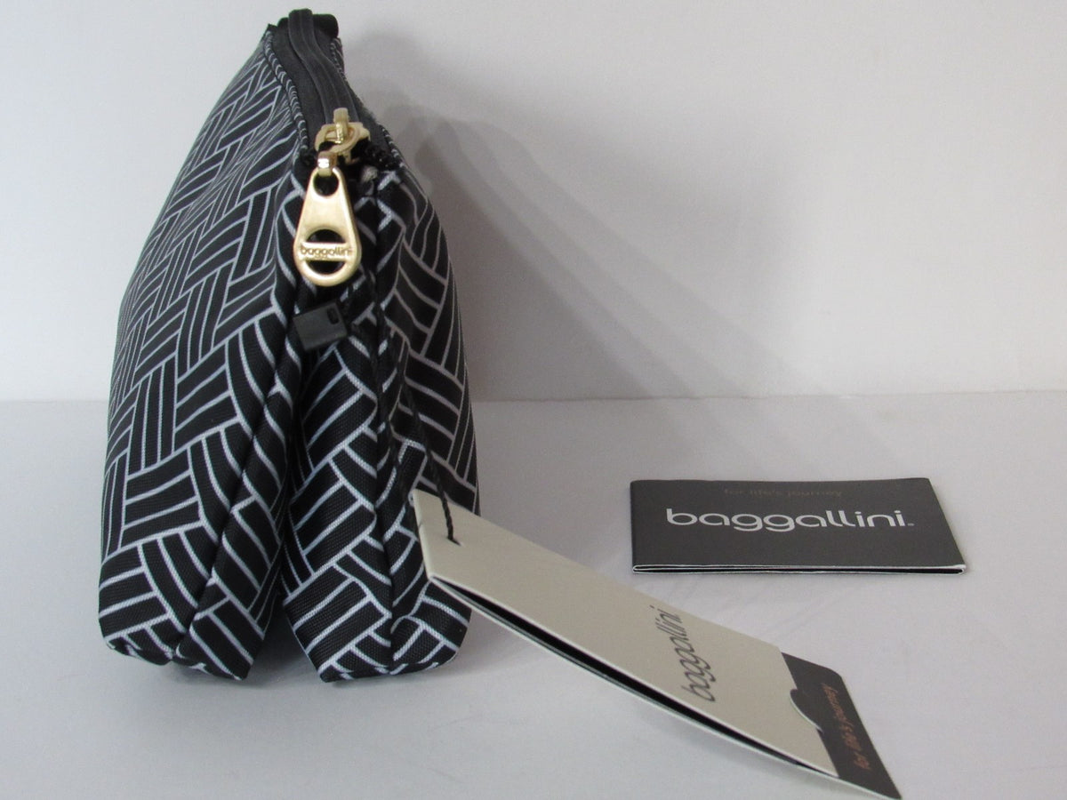 Cosmetic Bag with Multiple Compartments - Gold-Tone Hardware, Black Basket Print