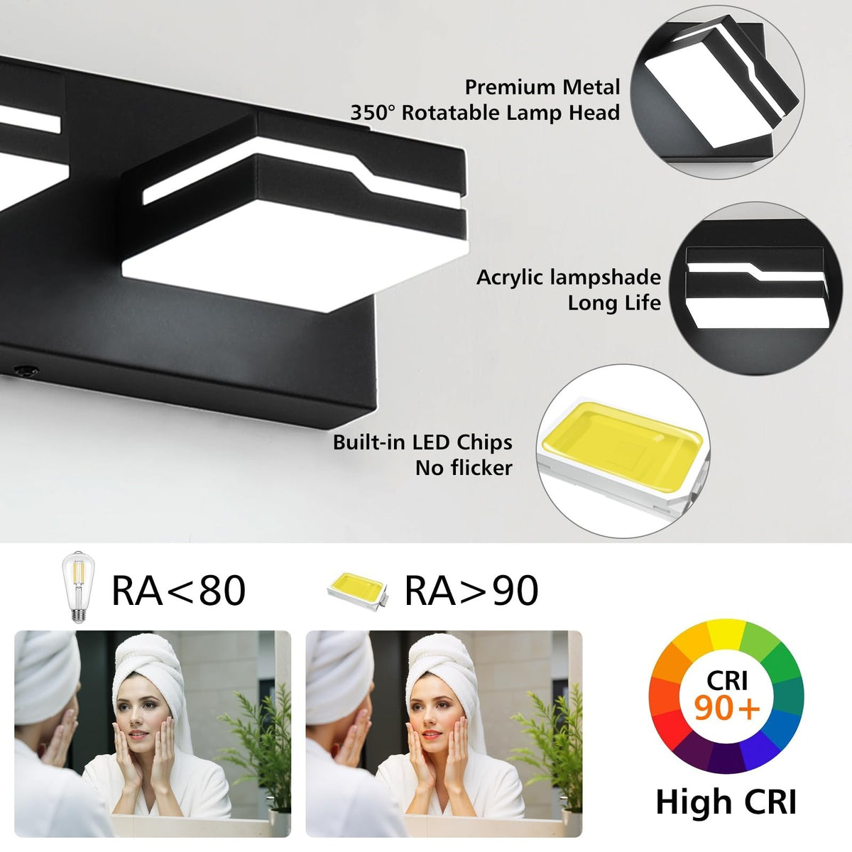 4-Light Dimmable Bathroom Vanity Light Fixture - Black Modern LED Over Mirror