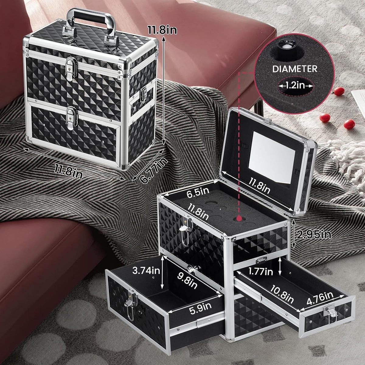 Nail Polish Makeup Train Case with Drawer & Dividers - Manicure Organizer