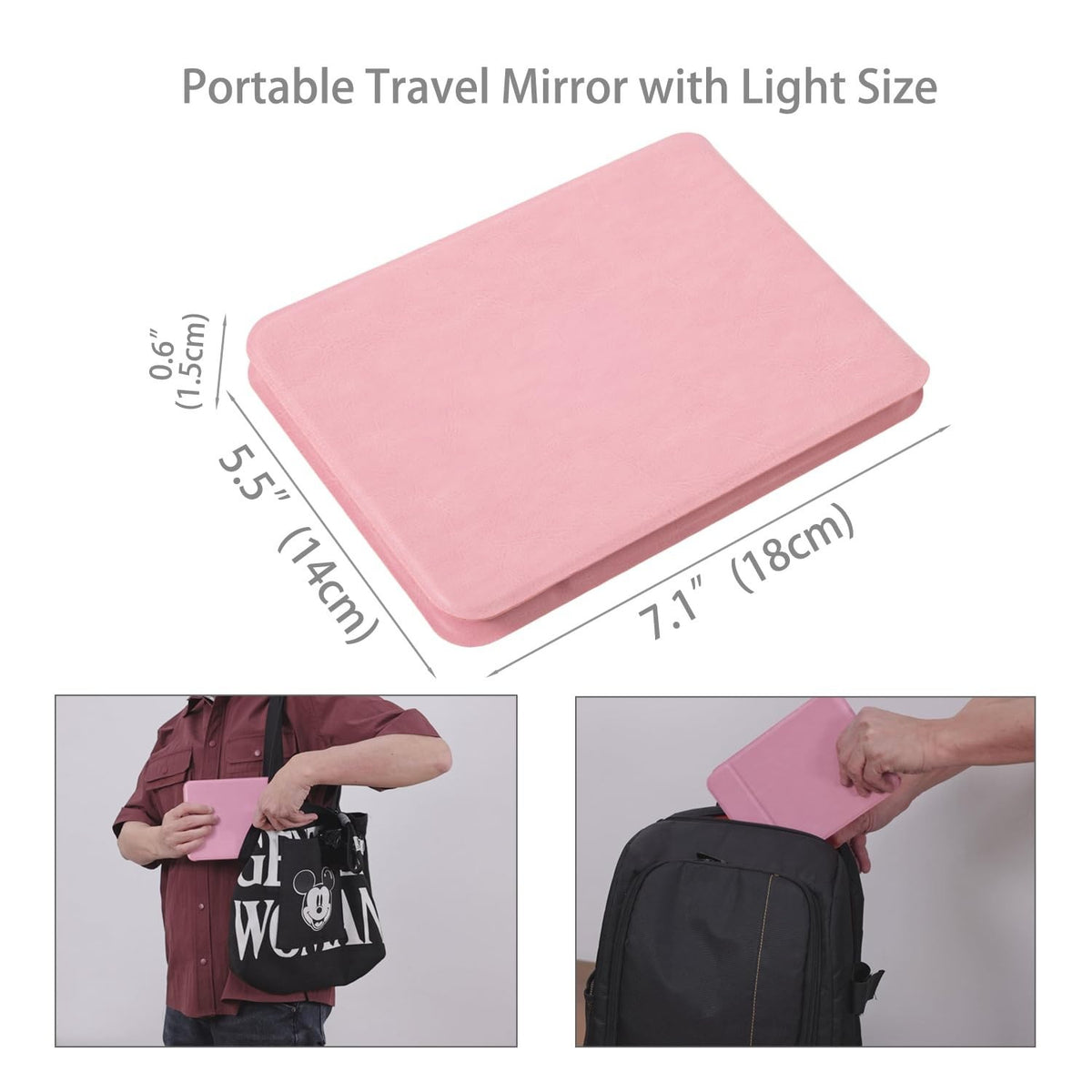 Travel Mirror with LED Lights, Dimmable & Rechargeable, Pink