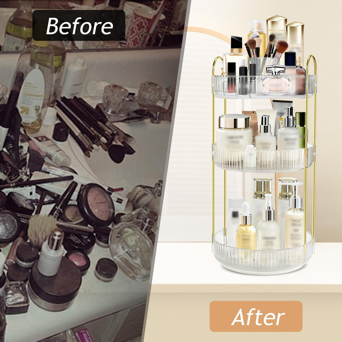Rotating Makeup Organizer 3-Tier Acrylic Storage - 9 Inch Diameter