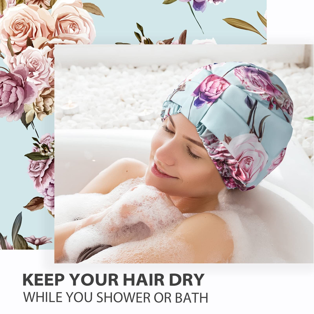 INNELO Luxury Shower Cap for Women Reusable One Size, Green-Flower