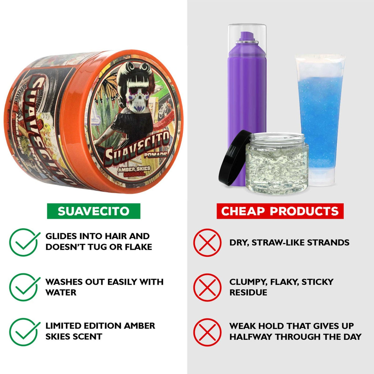 Suavecito Amber Skies Water-Based Pomade 4oz. Strong Hold & Shine