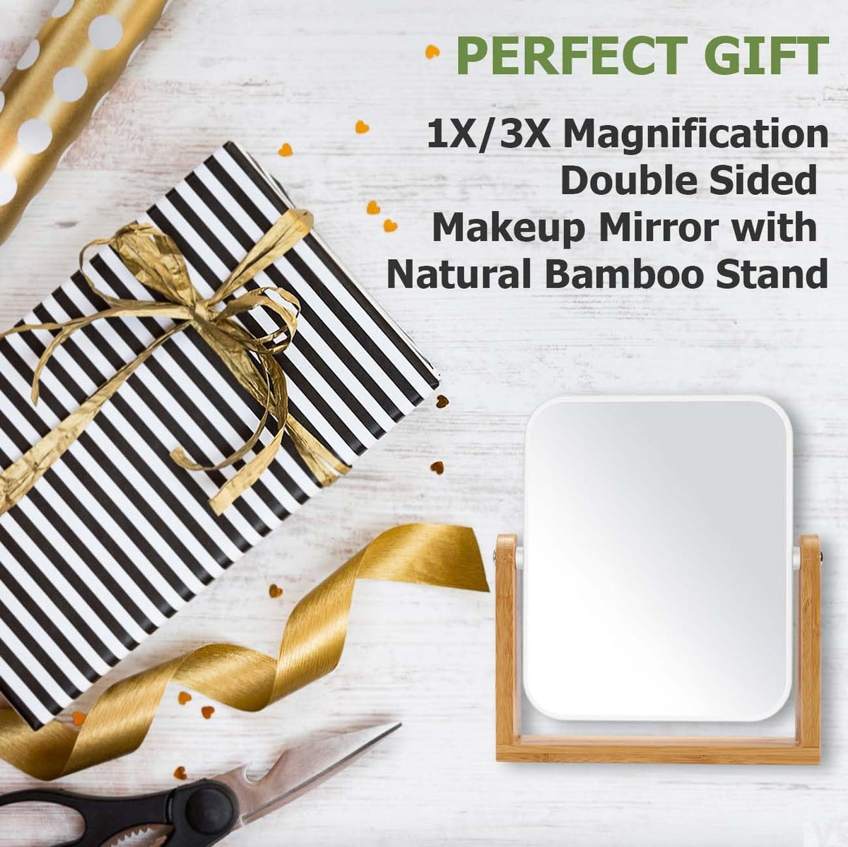 Double-Sided Makeup Mirror with Bamboo Stand, 8-Inch Tabletop Vanity Mirror, Cream