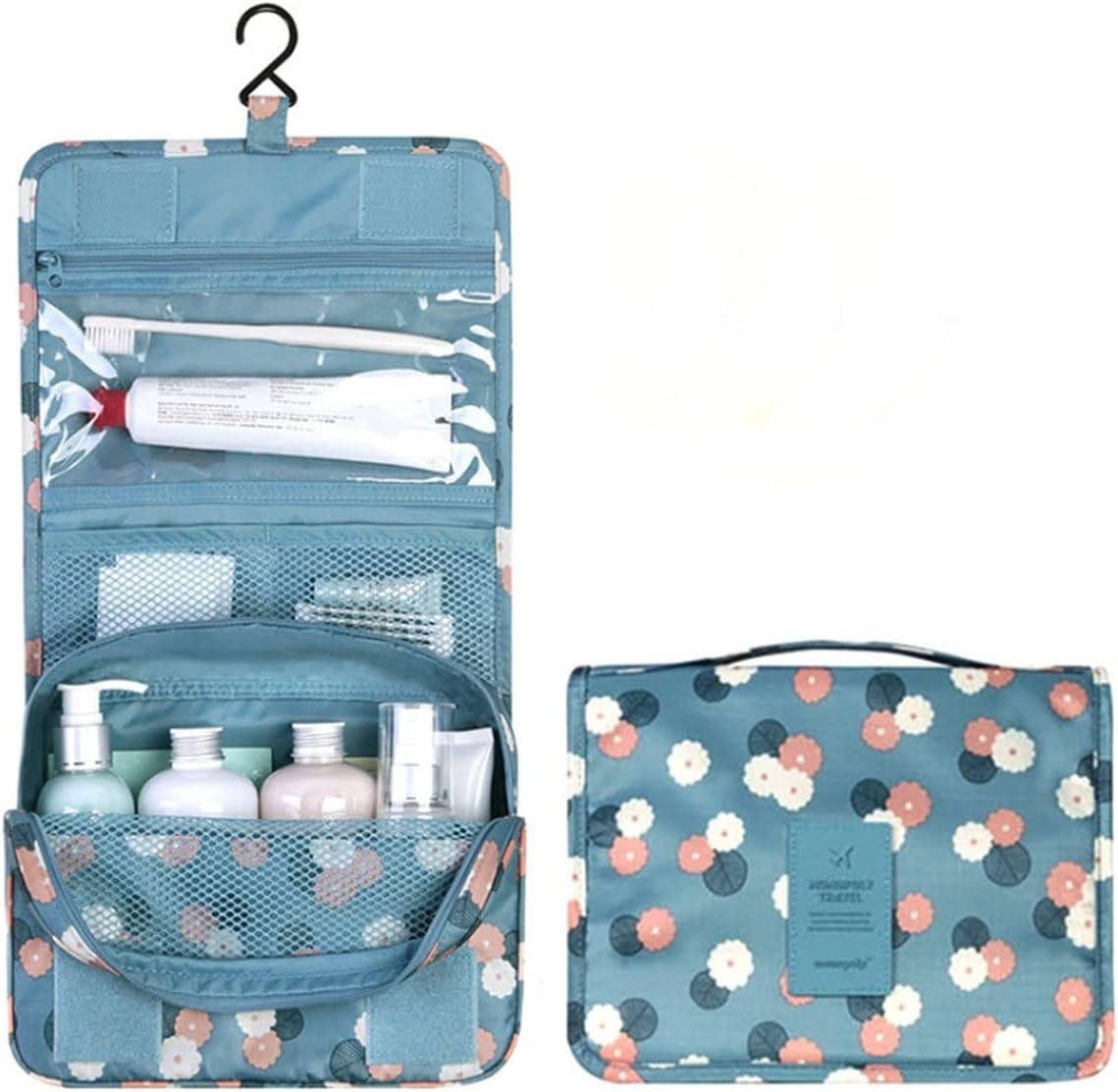 Compact Floral Travel Toiletry Bag with Multiple Compartments