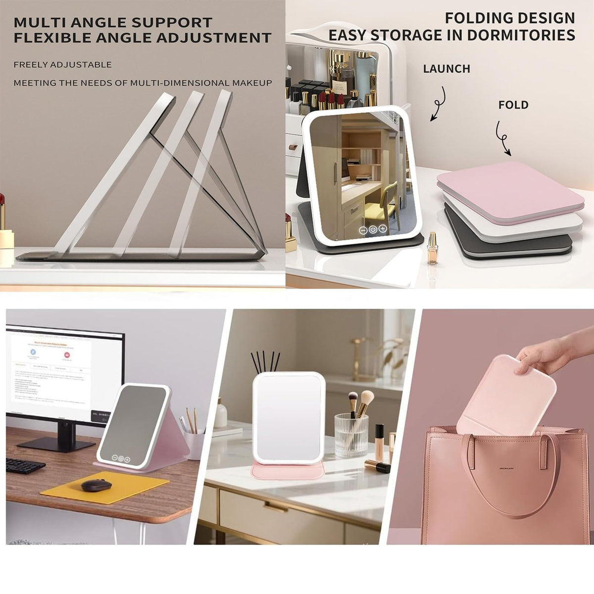 Travel Makeup Mirror with 3 Adjustable Lights, Touch Screen & USB Rechargeable