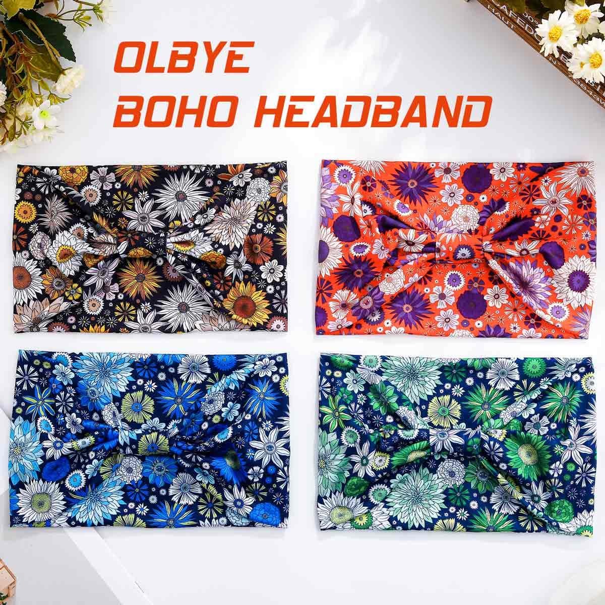 Wide Boho Headbands Floral Stretch Head 1 Count (Pack of 4),